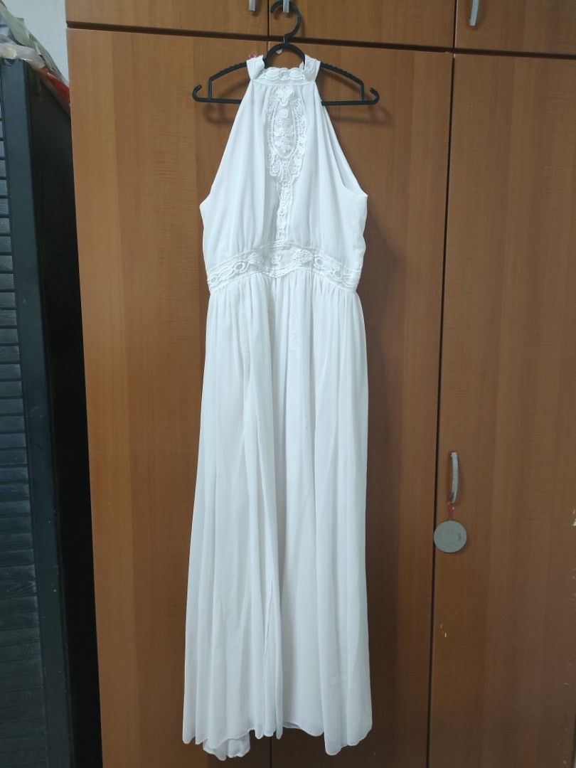 Brand New Vintage Unique White Chiffon Maxi Dress with lace applique lining