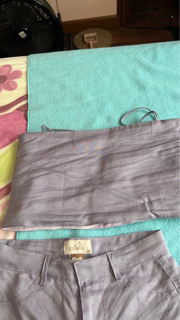 Calle Lily purple linen coordinates (Category: Sets or Coordinates) located in Quezon City. Submitted by sr_1521 (Listing ID 1266452435, Image 2). Description: SET ORIGINALLY ₱2,870 Individual prices: Top: ₱1,020 Pants: 1,480.