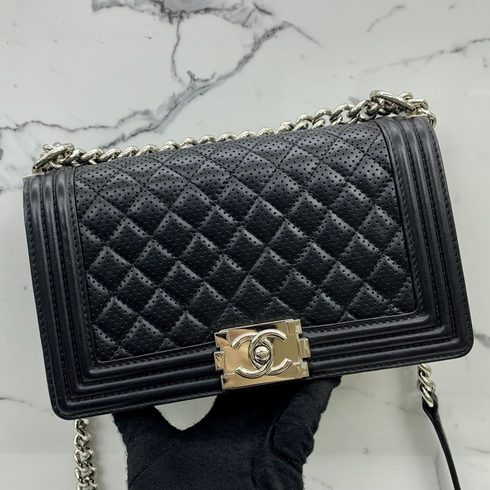 All black chanel boy online bag