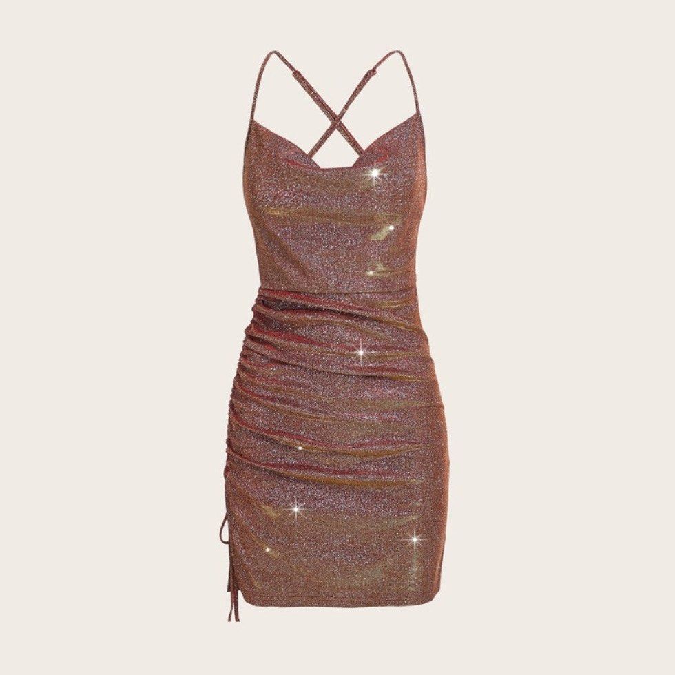 Crisscross backless ruched glitter bodycon dress, Women's Fashion, Dresses  & Sets, Evening dresses & gowns on Carousell