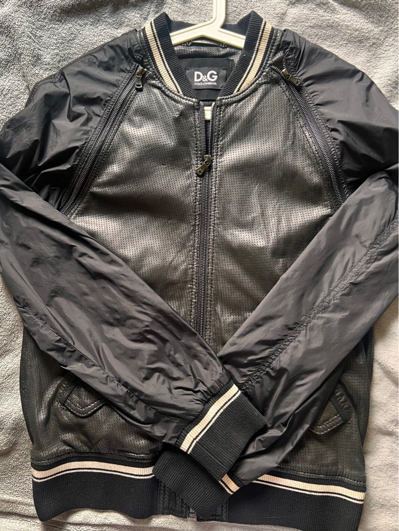 D G Black Lambskin Leather Bomber Jacket