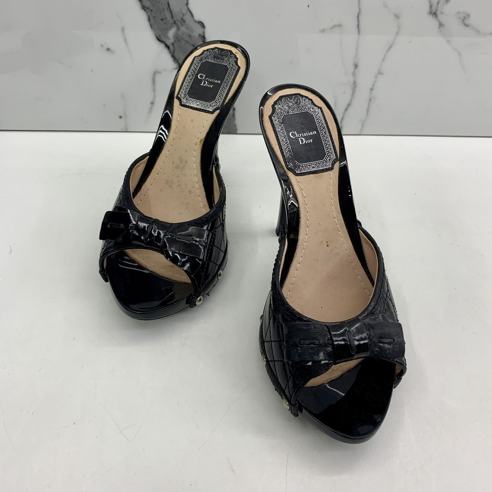 DIOR BLACK PATENT CANNAGE RIBBON HEELS 237037307 AL, Luxury