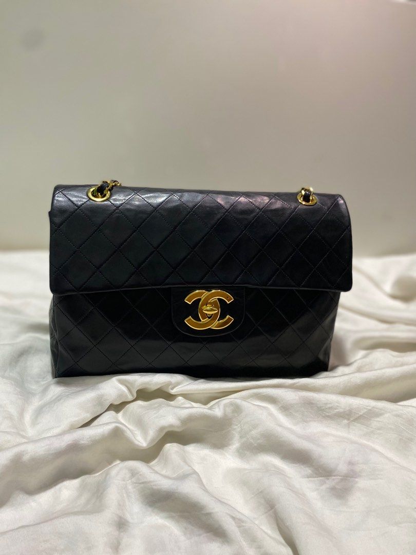 1995 Chanel Jumbo XL Maxi Black Quilted Lambskin Single Flap Handbag Purse