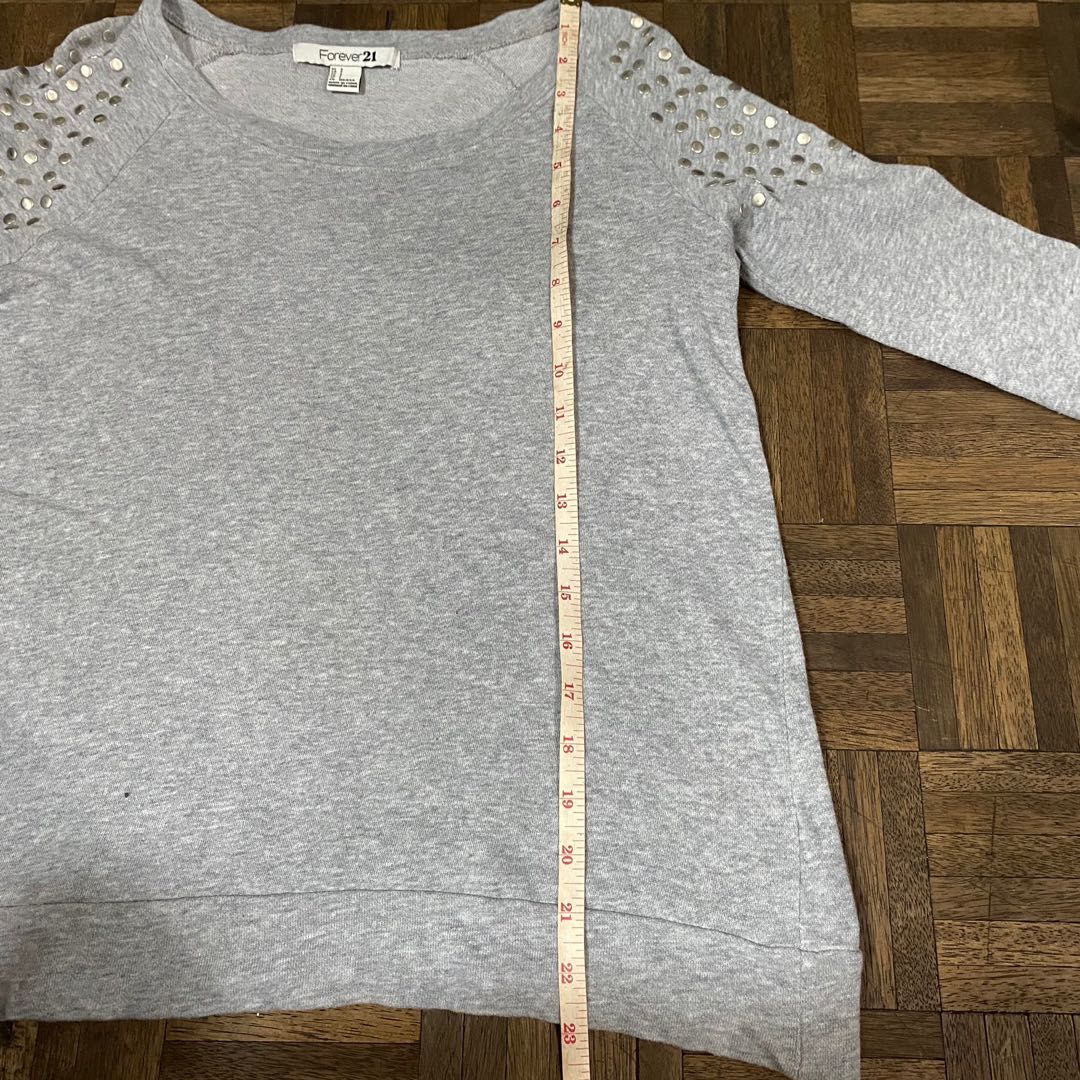 Forever 21 Gray Embellished Shoulder Long Sleeve Crewneck Sweater Women s Fashion Tops Longsleeves on Carousell