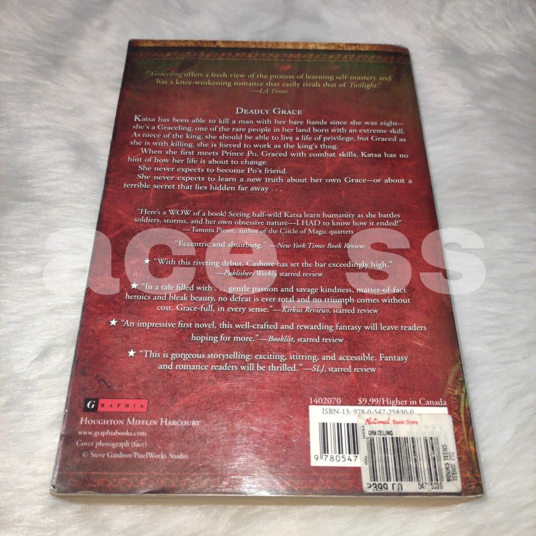 Graceling by Kristin Cashore (Category: Storybooks) located in Cavite. Submitted by ace_ss (Listing ID 1266567264, Image 2). Description: tanning creases on the covers (w/ plastic cover) no writings, highlights or whatsoever in the pages last price MOP: GCash MOD: Flash Express NON REFUNDABLE.