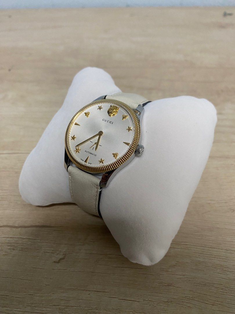 G Timeless Automatic Silver Dial White Leather Strap Men s Watch