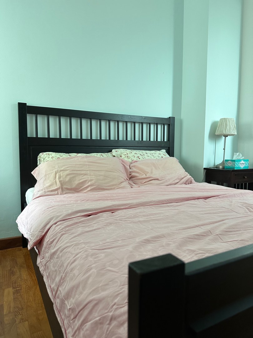 Hemnes brown black bed frame with Sultan Hjartdal mattress & topper