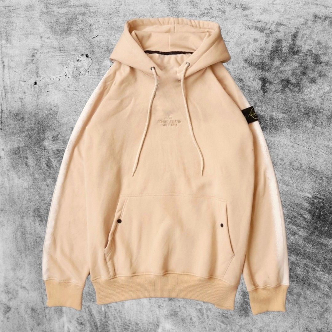 Hoodie Stone Island X Supreme Spray Stripe Cream Fesyen Pria