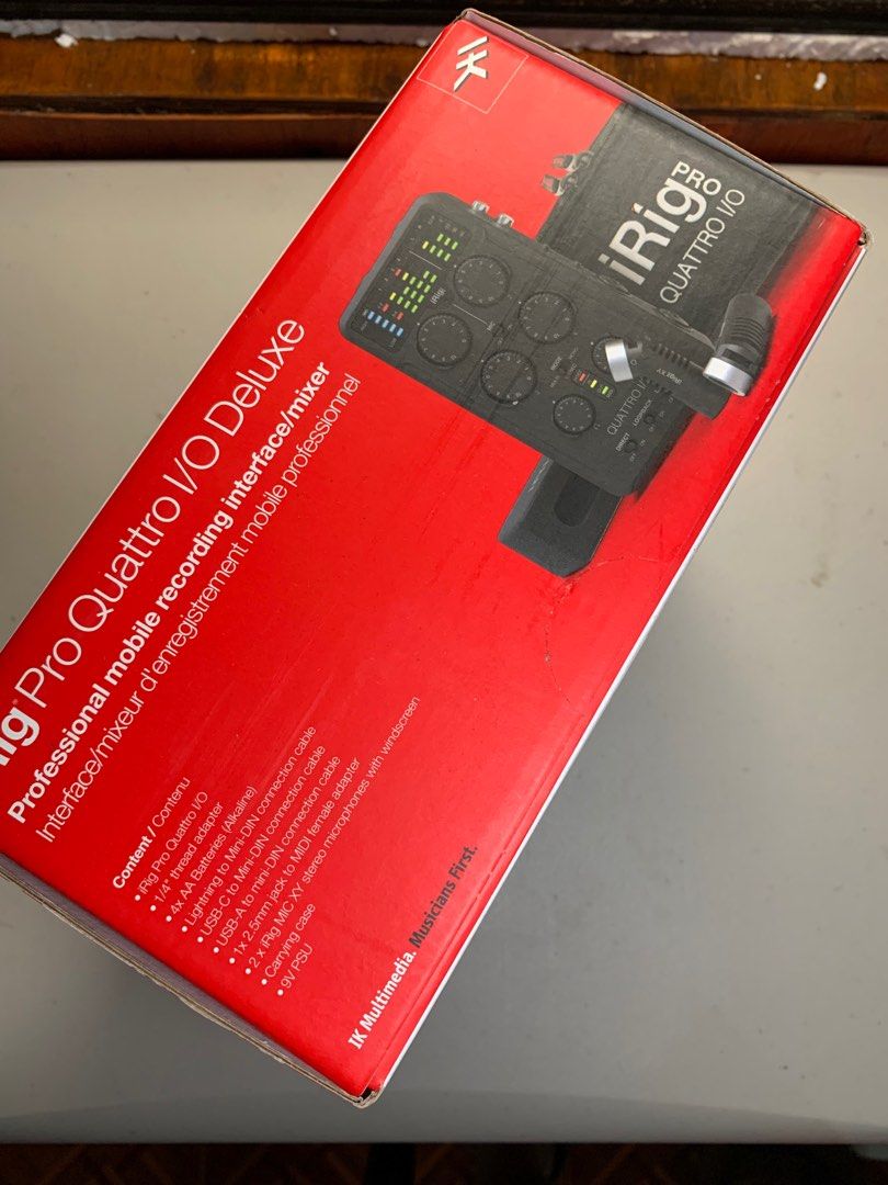 iRig Pro Quattro I/O Deluxd (Category: Microphones) located in Baguio. Submitted by tunehaven (Listing ID 1266482688, Image 3). Description: iRig Pro Quattro I/O Deluxe Brandnew complete package 20k Baguio Location Specs Microphone Inputs 1-2 2 x balanced, XLR. Pin 2: hot / Pin 3: cold / Pin 1: ground Input impedance: 1 kOhms Input level, min gain: 0 dBFS is obtained with a -1.5 dBu signal at the XLR input Input level, max gain: 0 dBFS is obtaine
