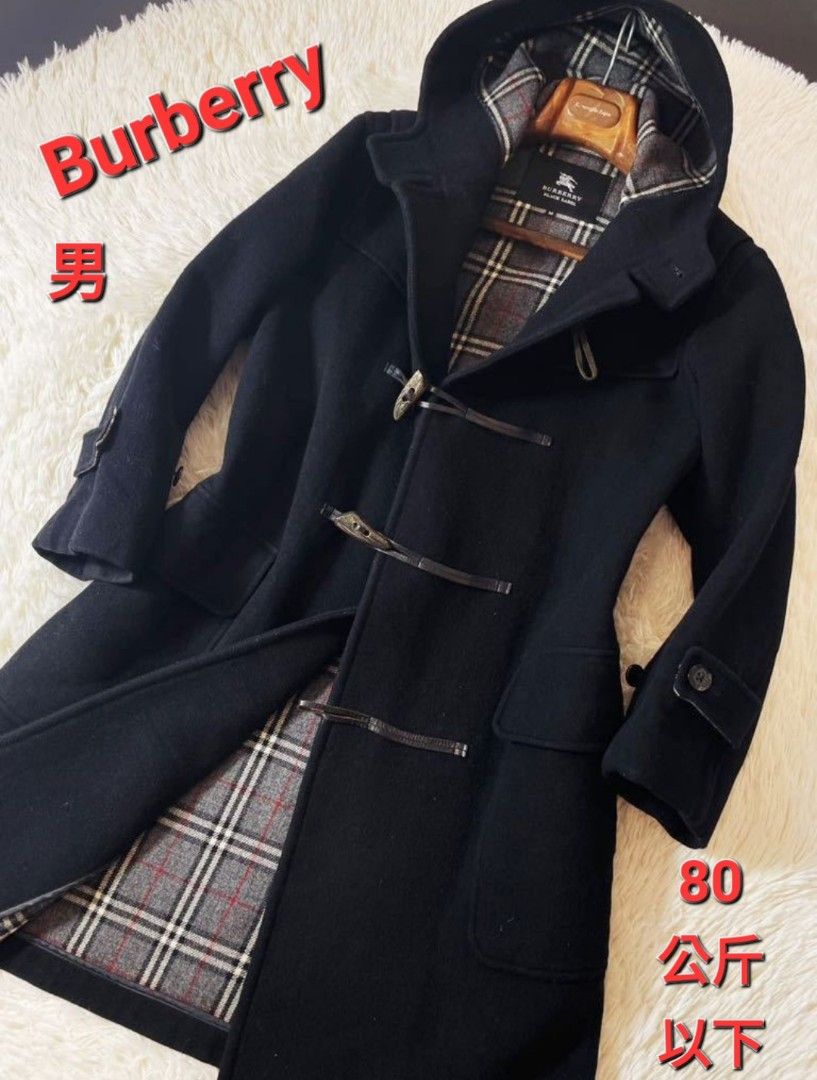 男L碼／日本進口／極美品／Burberry 連帽羊毛大衣+牛角扣, 名牌精品