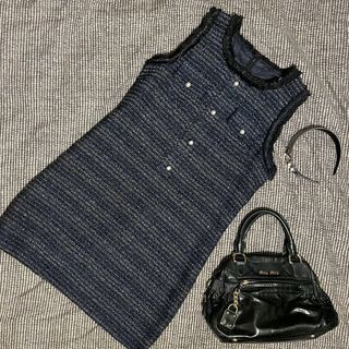Navy Blue Tweed Sleeveless Dress with pearl buttons