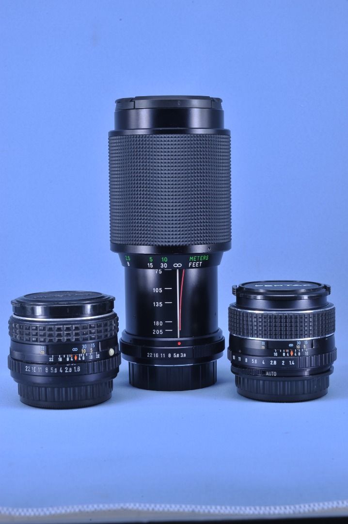 PENTAX KM SLR FILM CAMERA with 3 LENSES SMC PENTAX 55mm F1.8 & SMC