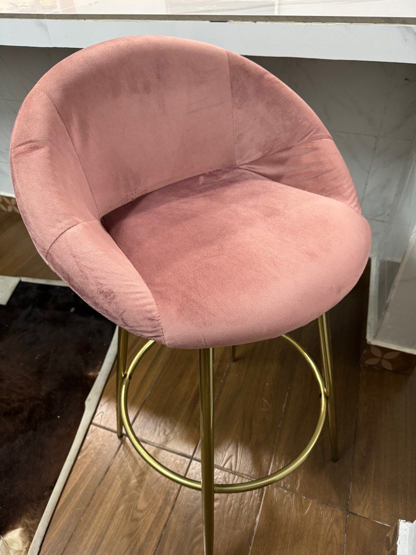 Pink Velvet Bar Stool Retro, Furniture & Home Living, Furniture, Chairs