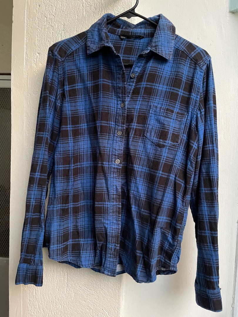 Dark Blue Plaid Flannel Shirt, Women's Fashion, Tops, Longsleeves on ...