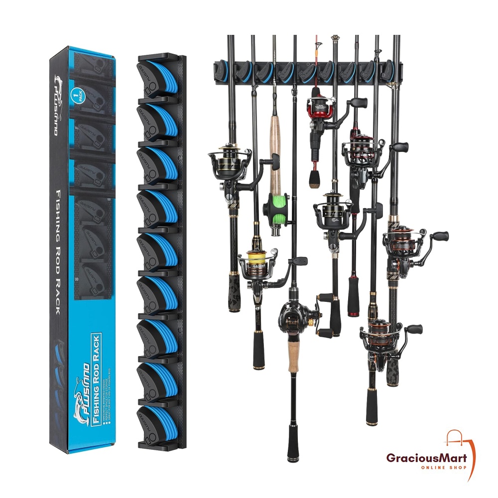 PLUSINNO Vertical Fishing Rod Holder, Wall Mounted Fishing Rod Rack, Fishing  Pole Holder Holds Up to 9 Rods or Combos, Fishing Rod Holders for Garage,  Fits Most Rods of Diameter 3-19mm : : Sports, Fitness &  Outdoors