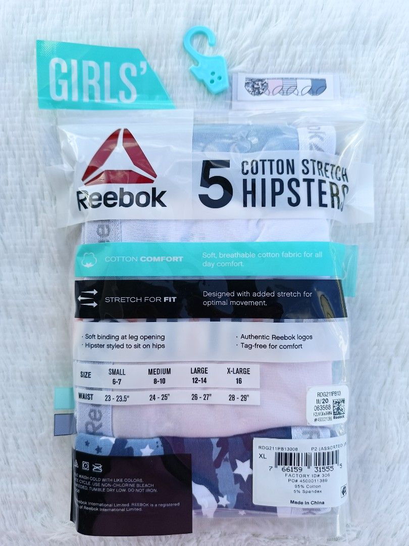 Reebok Girls Size L 12-14 Cotton Hipster 5-Pack Stretch Panties