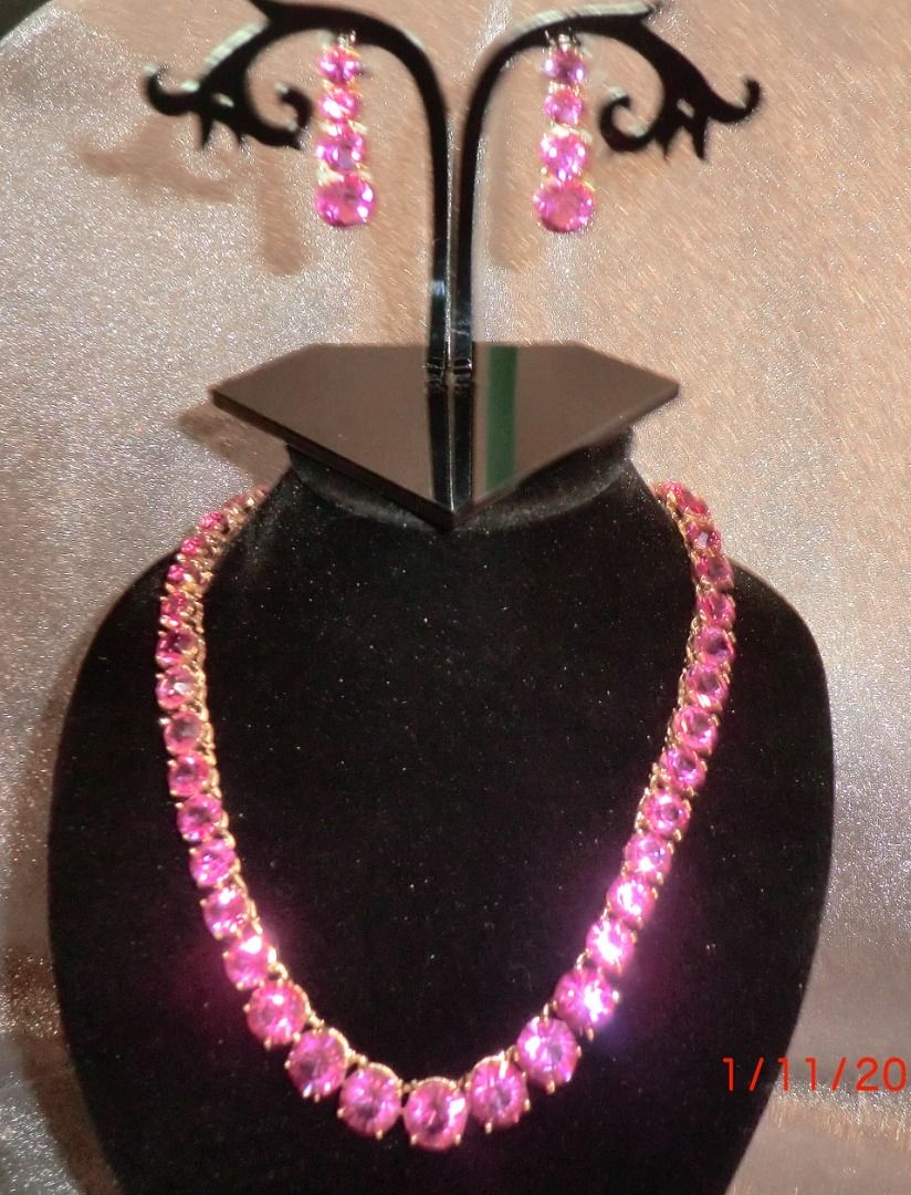Shocking Fuchsia Rhinestone Gold Plated Necklace Earrings A