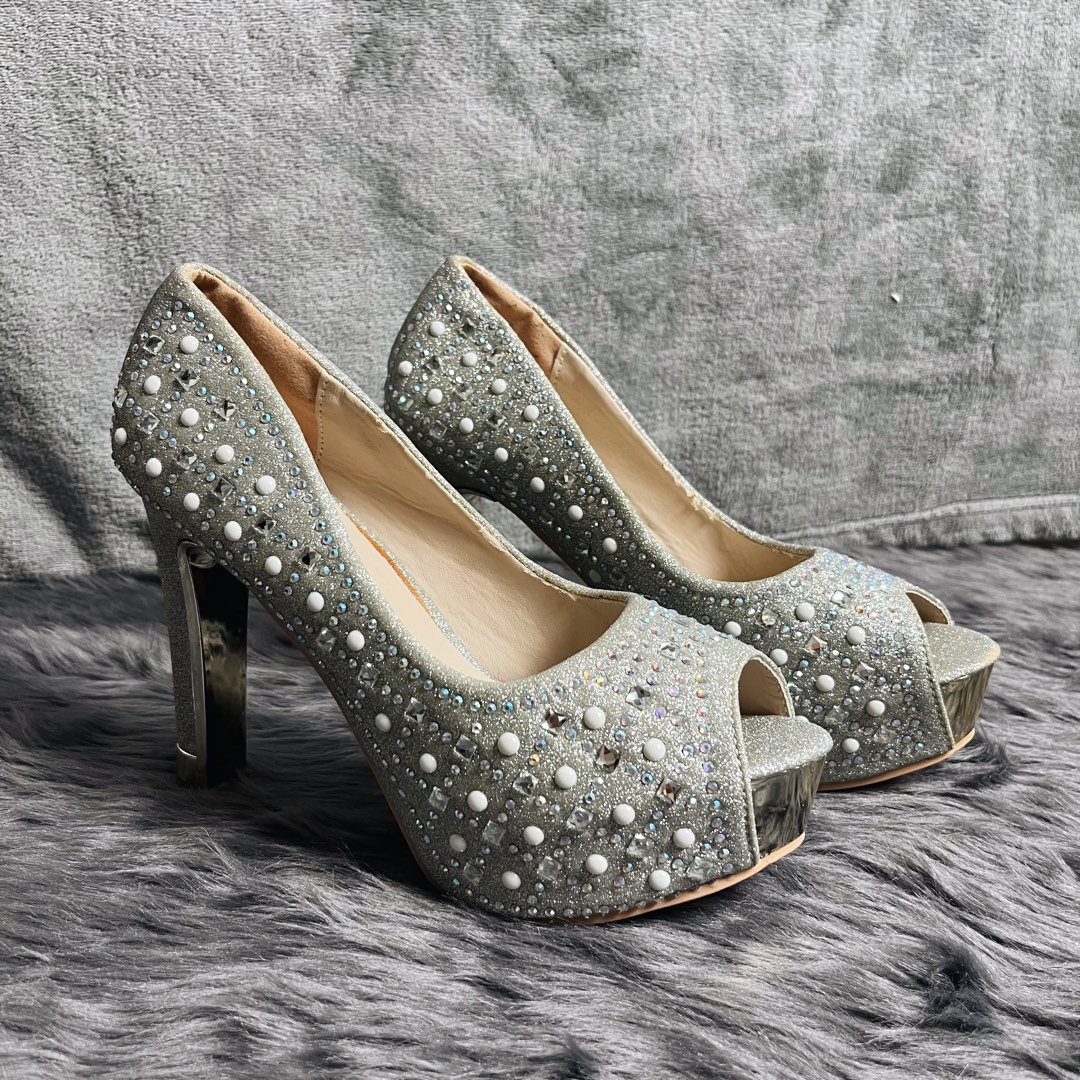 Silver online beaded heels