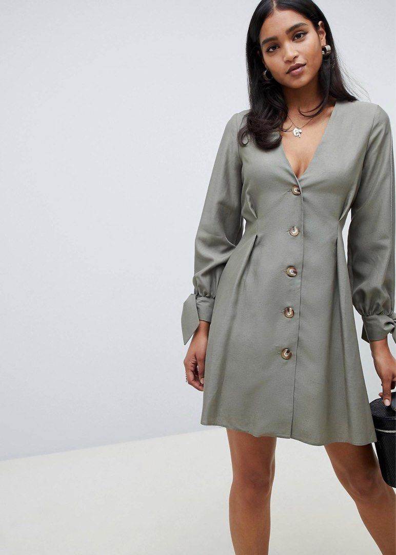 Asos design button through mini skater dress with tie sleeves new arrivals