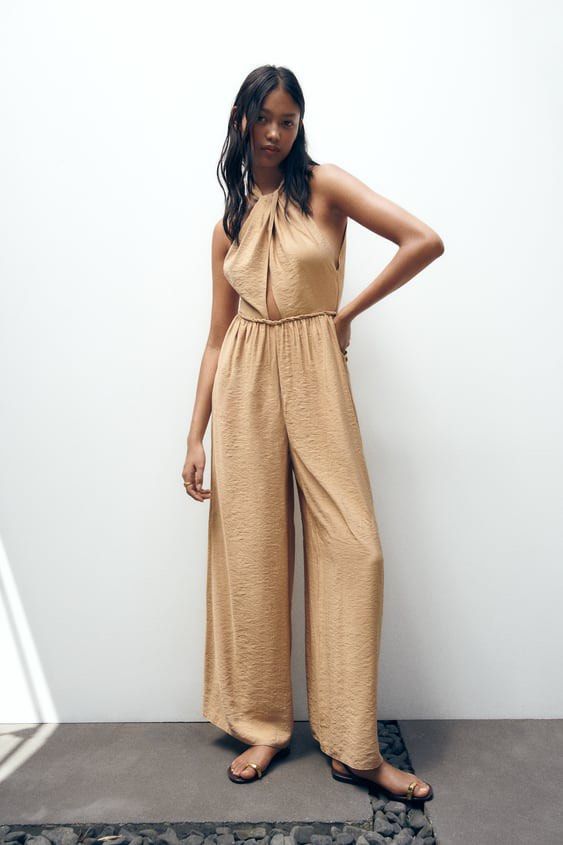 Super SALE Zara Halter Cut Out Jumpsuit Beige Brown Retail Price P3 295 Women s Fashion Dresses Sets Jumpsuits on Carousell