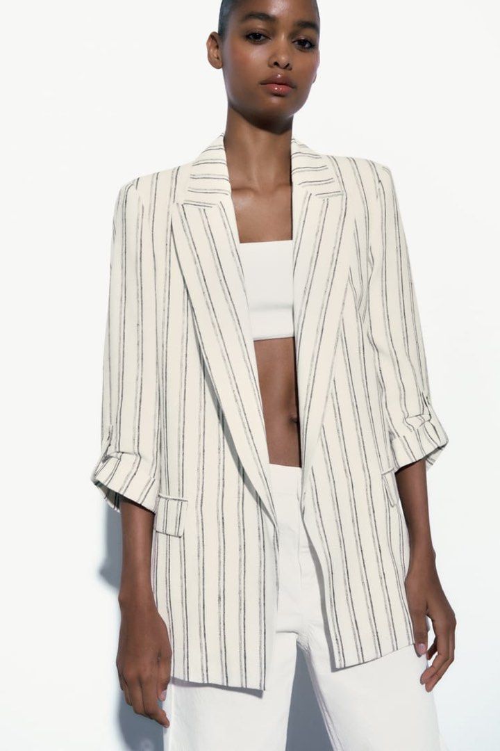 Zara black and white striped blazer on sale