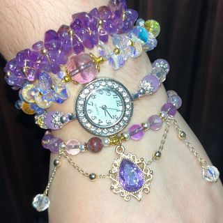SUMMER PAMIGAY SALE ! Take all 🦋🔮 Lavender Amethyst stone watch with rhinestone face, Amethyst bangle, Austrian Crystal butterfly bracelet with Amethyst stone, and Amethyst bracelet with dangling Purple Baroque style charm Bundle