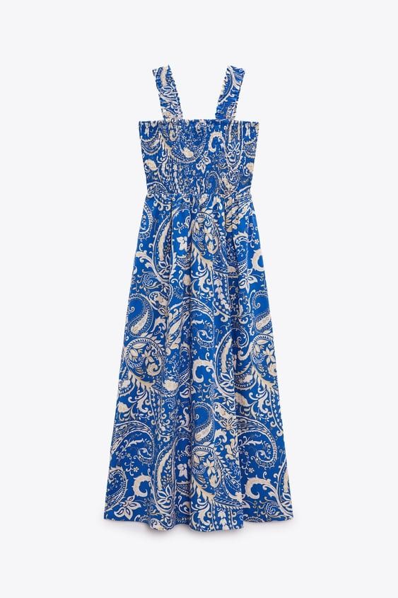 zara blue paisley dress XS) Zara Printed Poplin Midi Dress, Women's Fashion, Dresses & Sets,  Evening dresses & gowns on Carousell