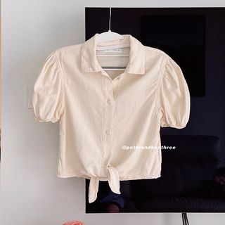 Zara Buttercup Yellow 100% Cotton Puff SleeveTie Front Short Sleeve Blouse