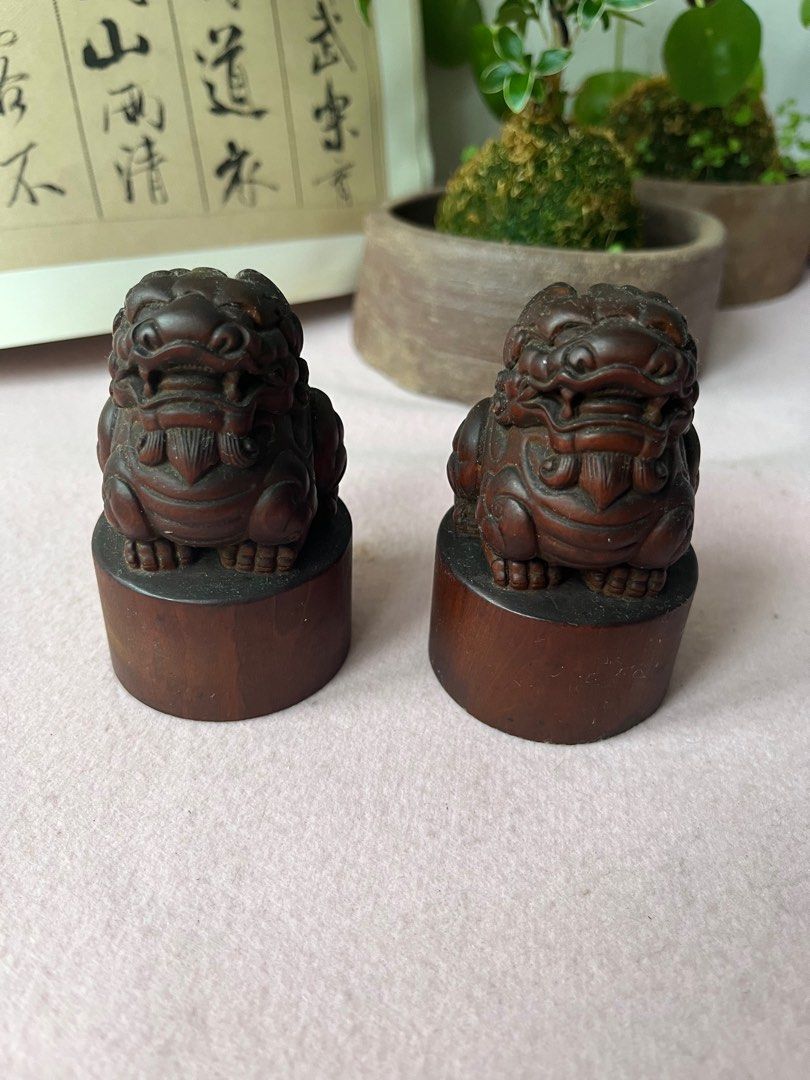 黃楊木獅子一對, 興趣及遊戲, 收藏品及紀念品, 宗教物品  l