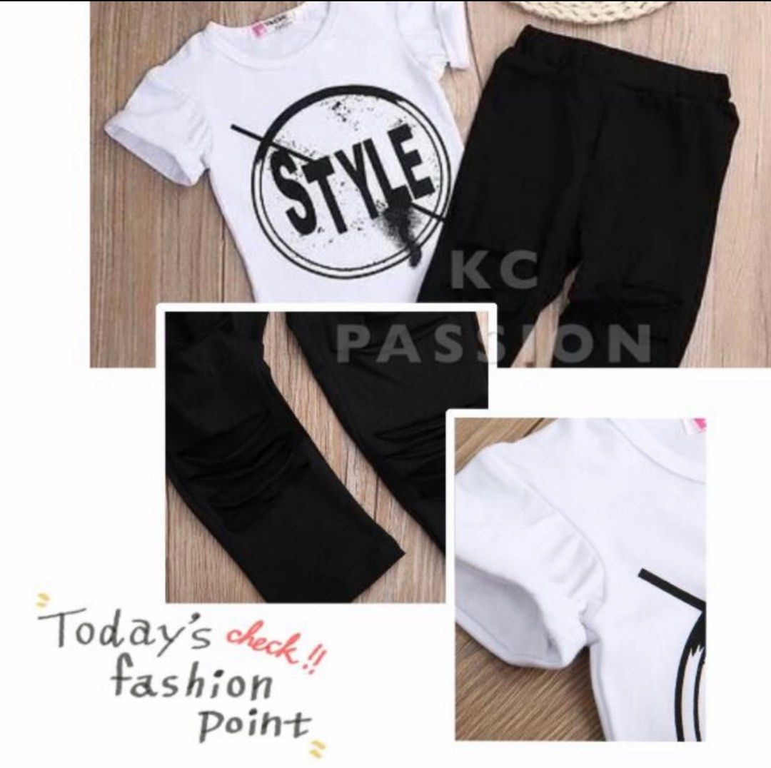 📣 CLEARANCE SALE📣 2pcs Girl Clothes Set • White Short Sleeve T-Shirt &  Black Ripped Pants • White Printed Top n' Black Leggings, Babies & Kids,  Babies & Kids Fashion on Carousell
