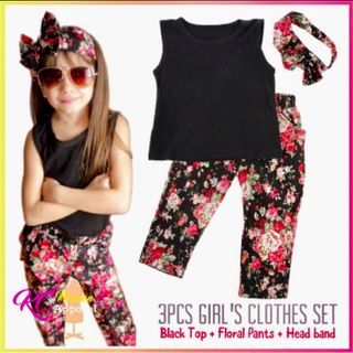 📣 CLEARANCE SALE📣 3 pcs Girls Clothes Set • Black Sleeveless shirt n’ Floral Pants + headband  • Children Casual Wear • Kids OOTD