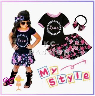 📣 CLEARANCE SALE📣 3pcs Girl Clothes Set • Girl Short sleeve Shirt n’ Floral Skirt + Headband • Love Print Top • Mini Skirt