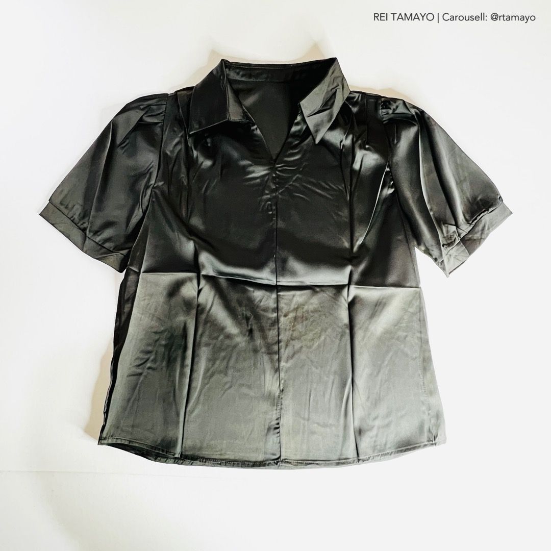 Black Satin Silk Collared V-Neck Puff Short Sleeves Top, Women's