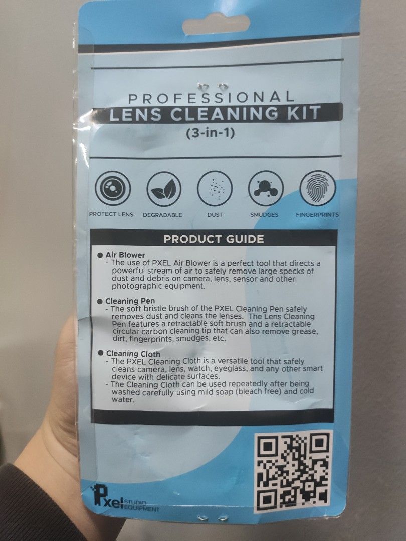 Camera lens cleaning kit 3 in 1 (Category: Camera Bags & Carriers) located in Quezon City. Submitted by unsold.98 (Listing ID 1263427398, Image 2). Description: Pixel Professional Camera lens Cleaning Kit 📷🎥 1 - Air blower 1 - cleaning Pen 1- cleaning Cloth PRICE: PHP 99.00 10x MONEY BACK GUARANTEED IF FAKE! MEET UP/Location: QUEZON CITY AREA 📍Visayas ave - DAILY 7PM ONWARDS 📍ABS CBN MOTHER IGNACIA - TUE-SAT 9AM-6PM 📍 Valenzuela (One Mall Va