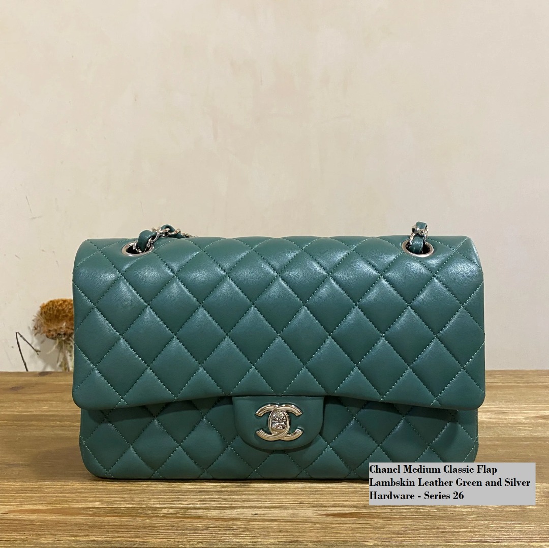 Chanel Medium Classic Flap Lambskin Leather Green and Silver Hardware -  Series 26, Luxury, Bags & Wallets on Carousell