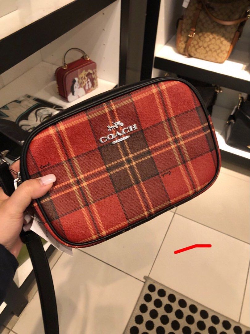 Mini camera bag with buffalo plaid print coach deals