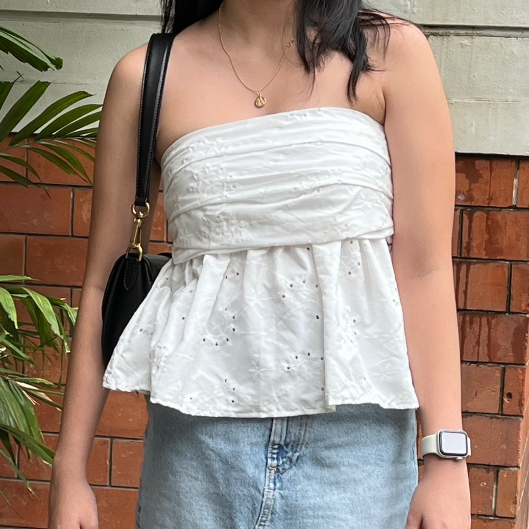 Eyelet Tube Top Peplum (White), Women's Fashion, Tops, Sleeveless on ...