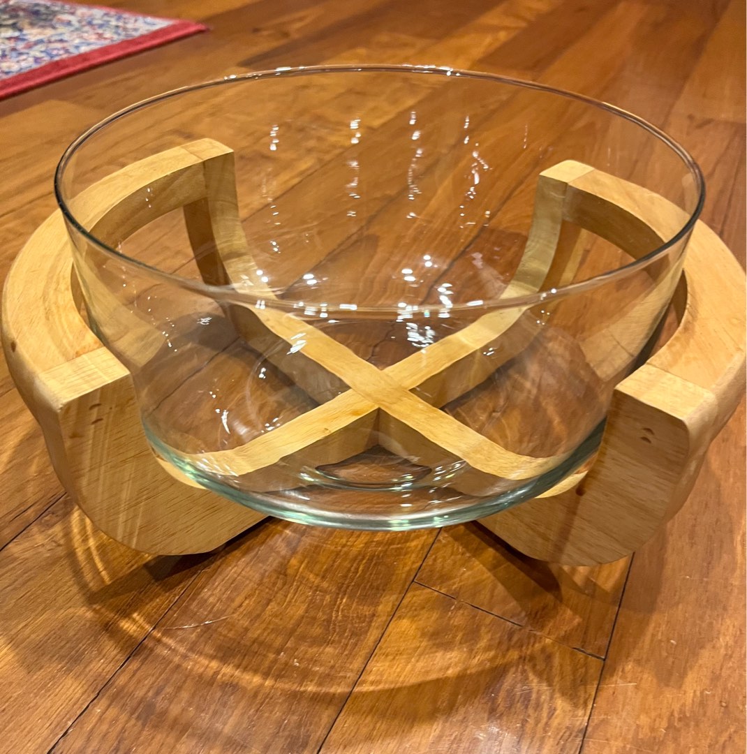 Glass Salad Bowl with wood stand, Furniture & Home Living, Kitchenware