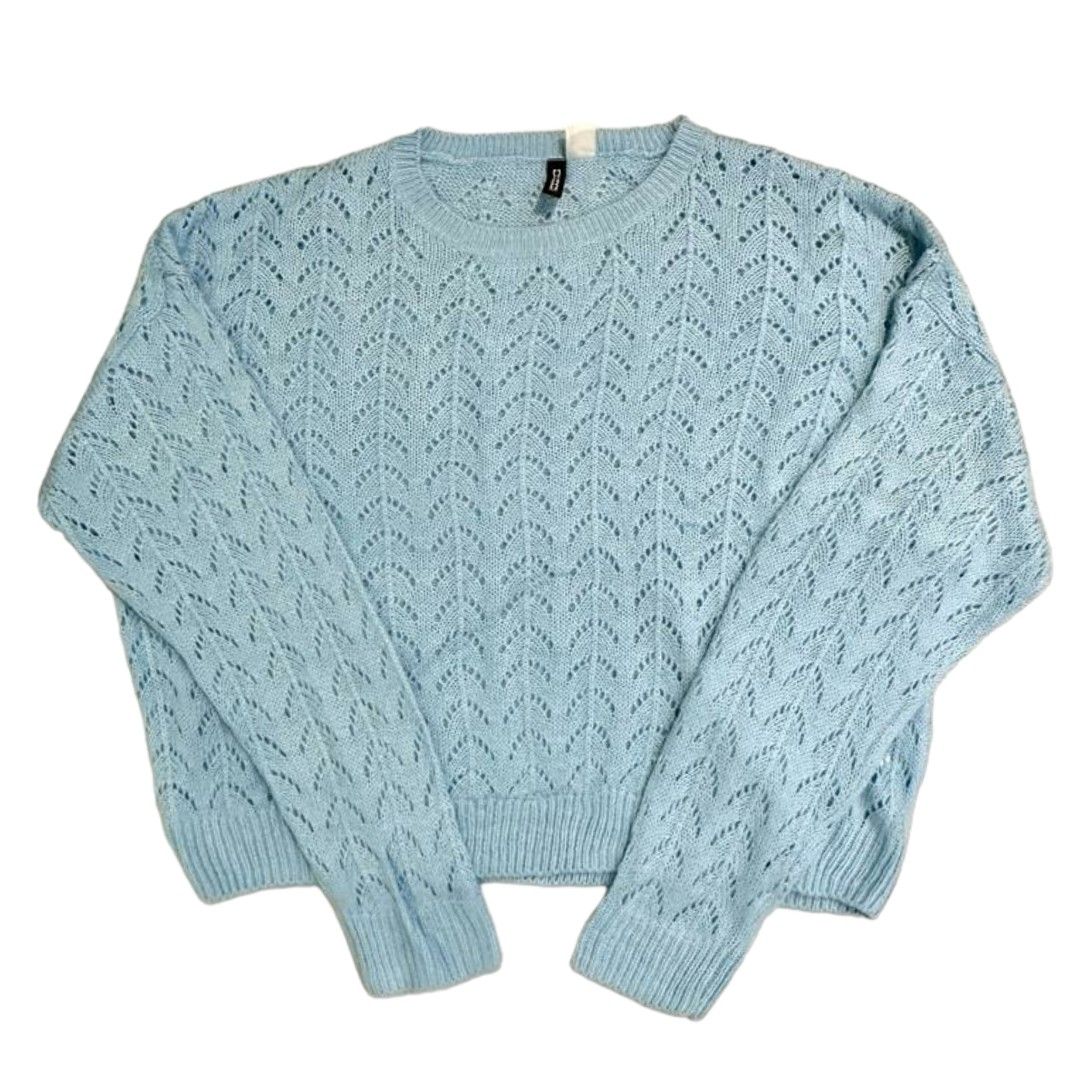 H M Soft Sweater Oversized Light blue eyelet fuzzy soft wool