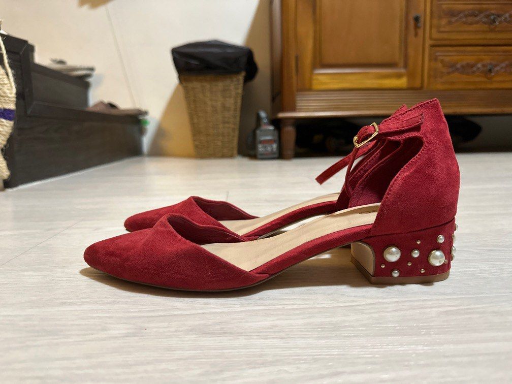 Low Blocky Red Heels with Pearl Embellishments