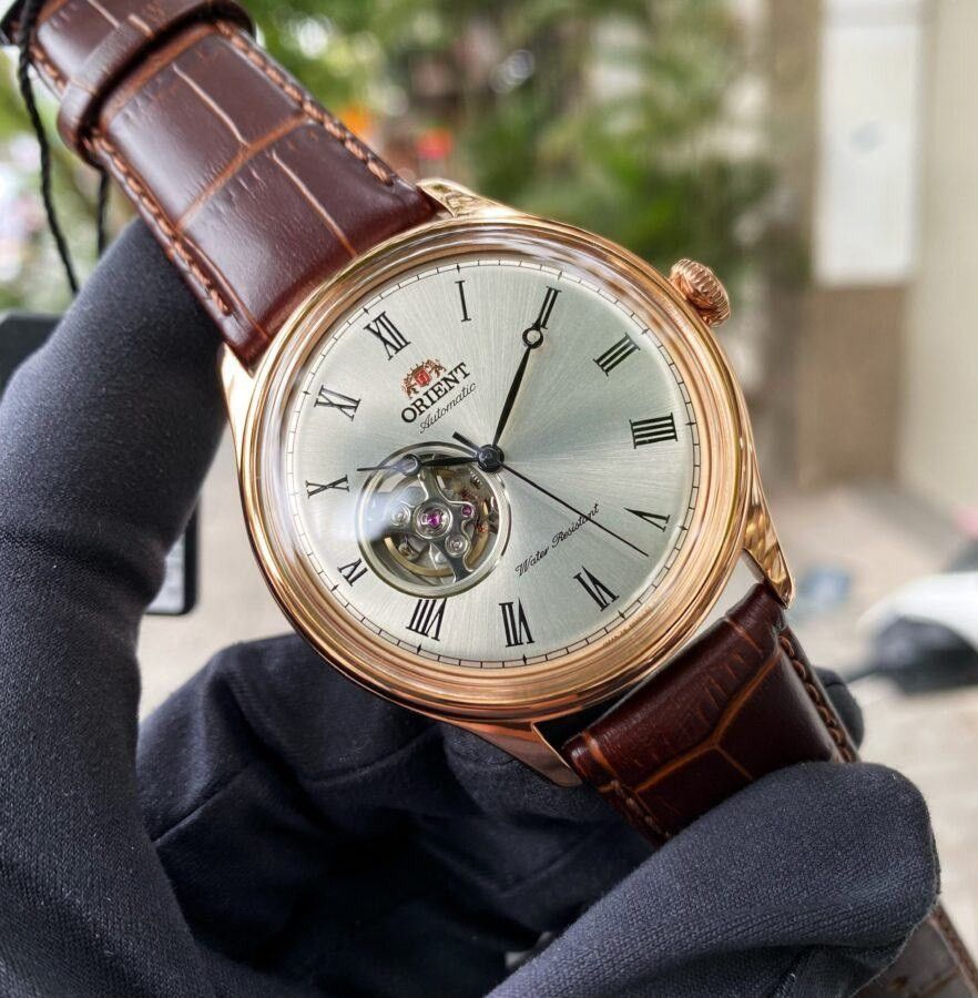 Lowest Price Orient Open Heart Rose Gold Men s Automatic White Dial Roman Numerals Leather Strap Watch Birthday gift birthday orient BRAND NEW IN