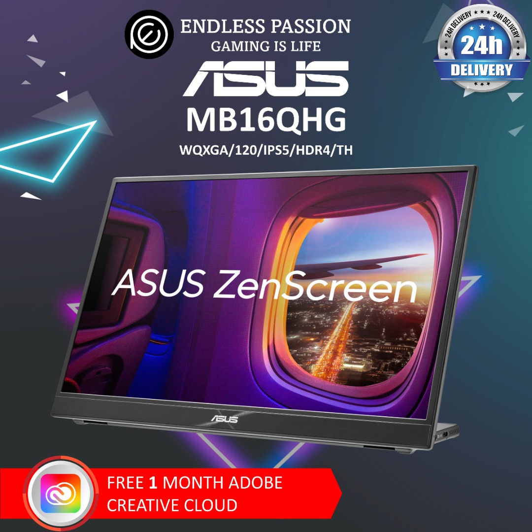 ASUS ZenScreen 16” 16:10 Portable Monitor (MB16QHG) - WQXGA (2560 x 1600),  IPS, 120Hz, 100% DCI-P3, Eye Care, L-shaped kickstand, Tripod Mountable,  USB-C, HDMI, DisplayHDR 400 