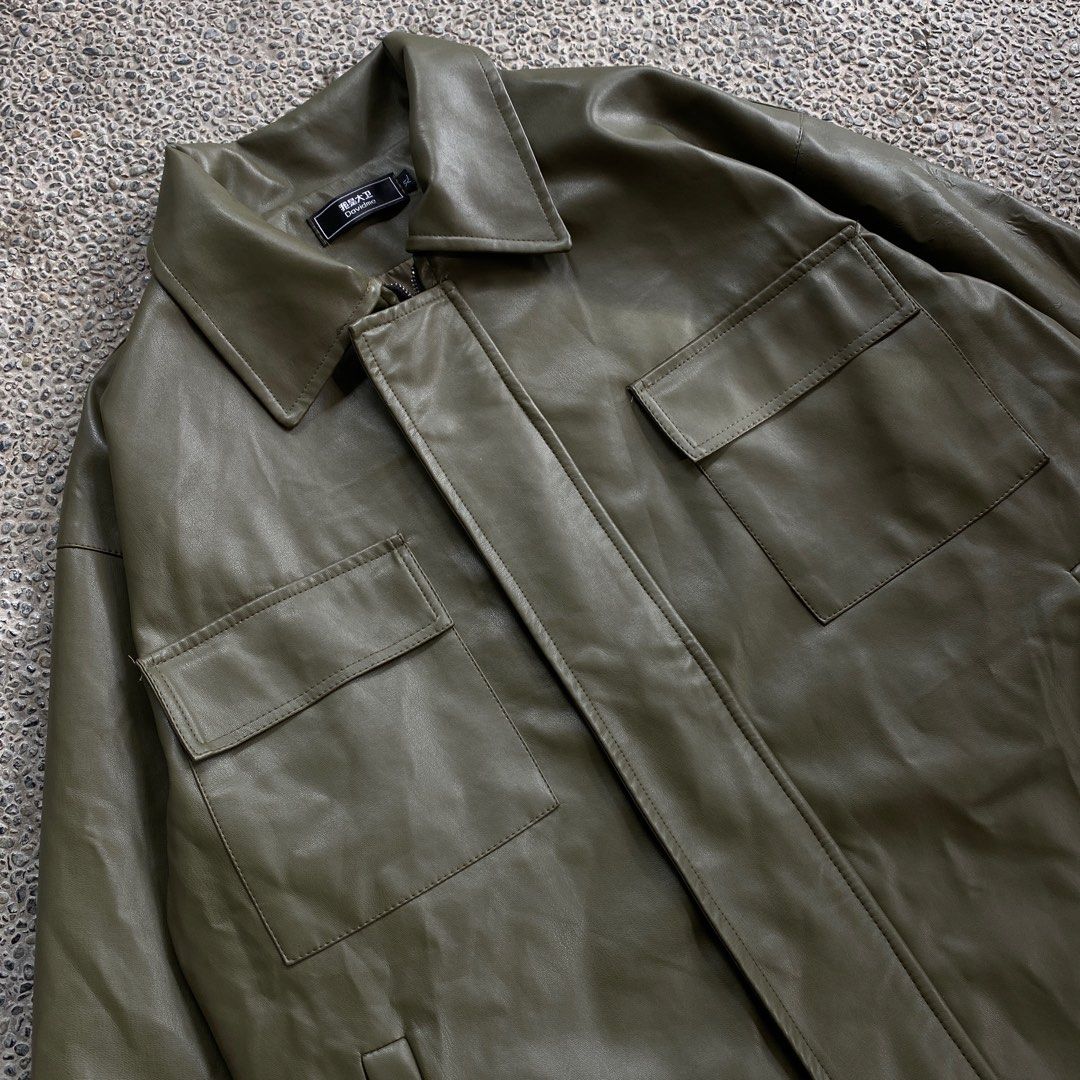 Olive Green Leather Worker Jacket