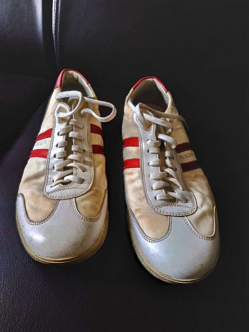 Prada white sneakers with red stripe outlet