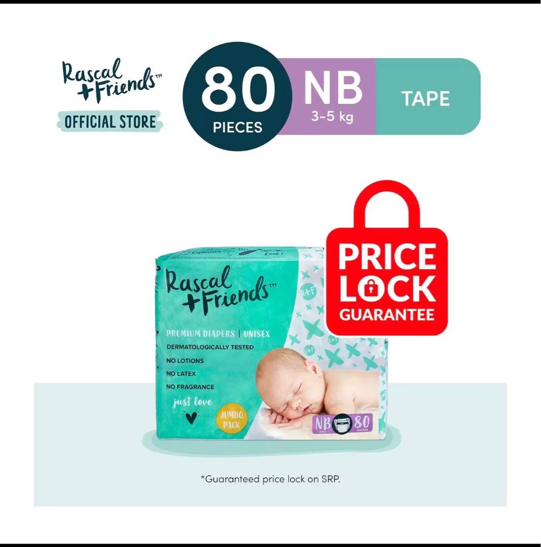 Rascal + Friends Tape Diapers Newborn (Jumbo Pack - 80 pcs), Babies & Kids,  Bathing & Changing, Diapers & Baby Wipes on Carousell