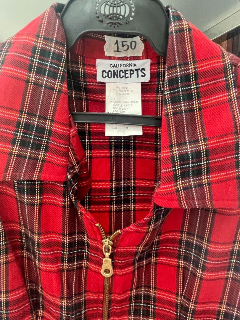 Red and Black Collared Sleeveless Plaid Zipper Dress, Women's Fashion