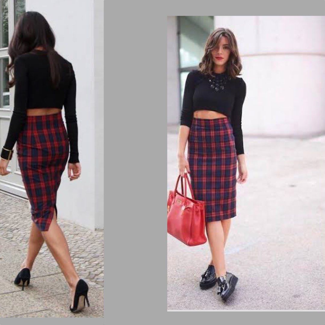 🆕 ESMARA HALF LEATHER HALF MATERIAL PANTS!  Red plaid pencil skirt, Black  lounge pants, Plaid pencil skirt
