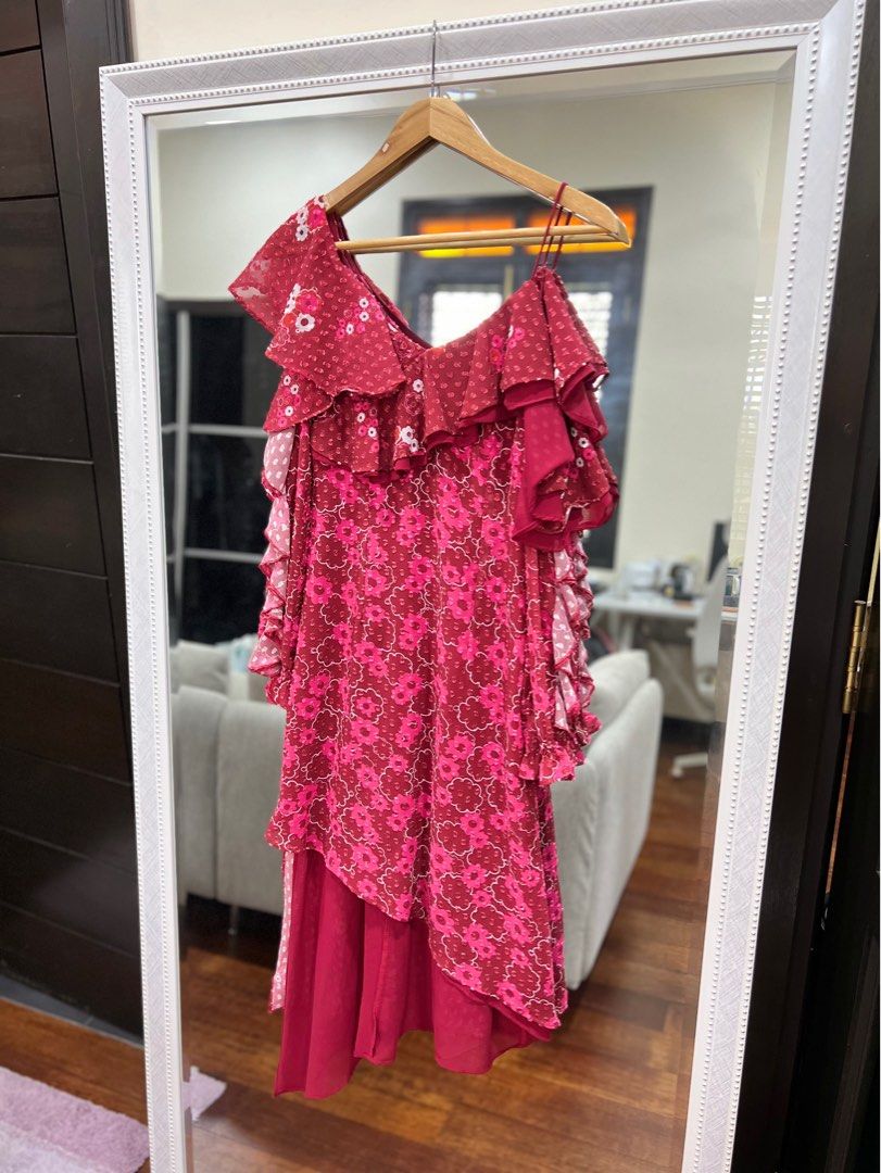 Self portrait inspired pink red midi dress sleeve Women s Fashion