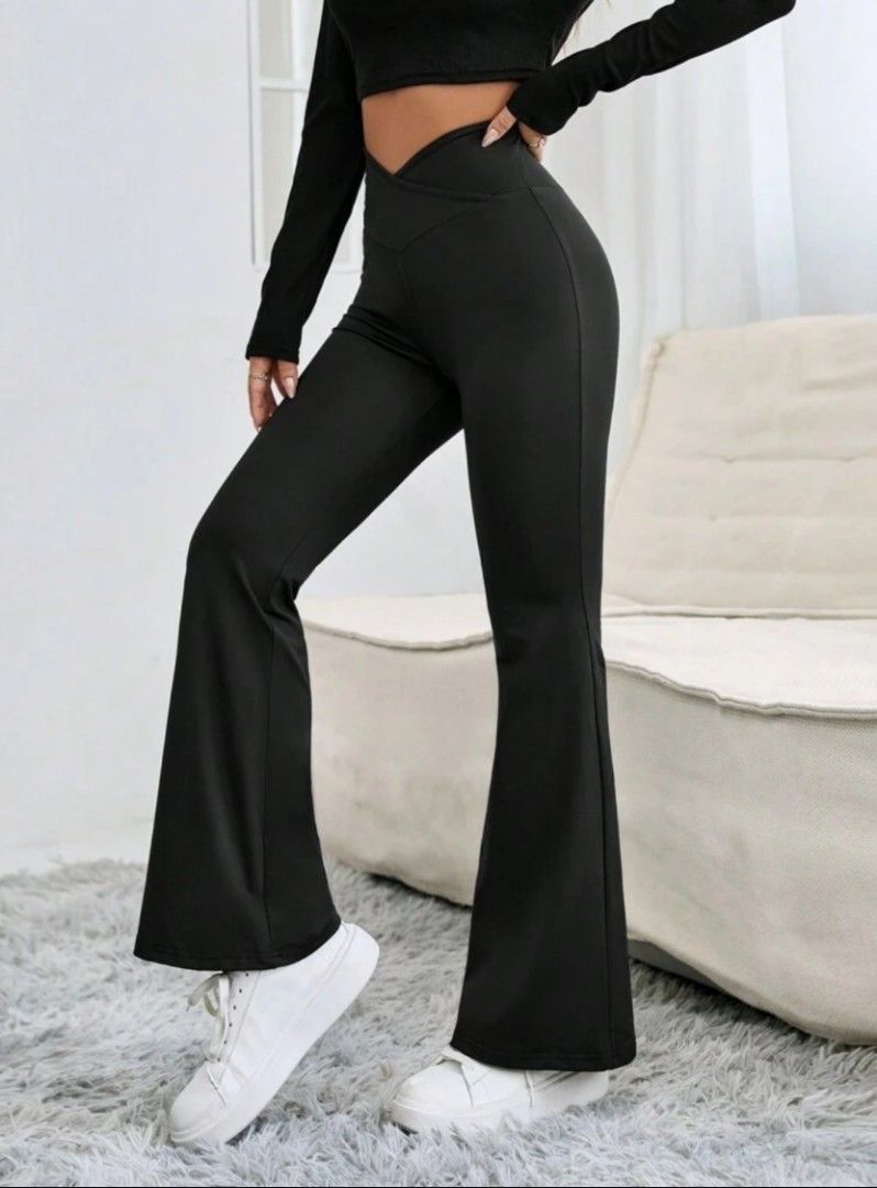 SHEIN PETITE Solid Overlap Waist Flare Leg Pants, Women's Fashion
