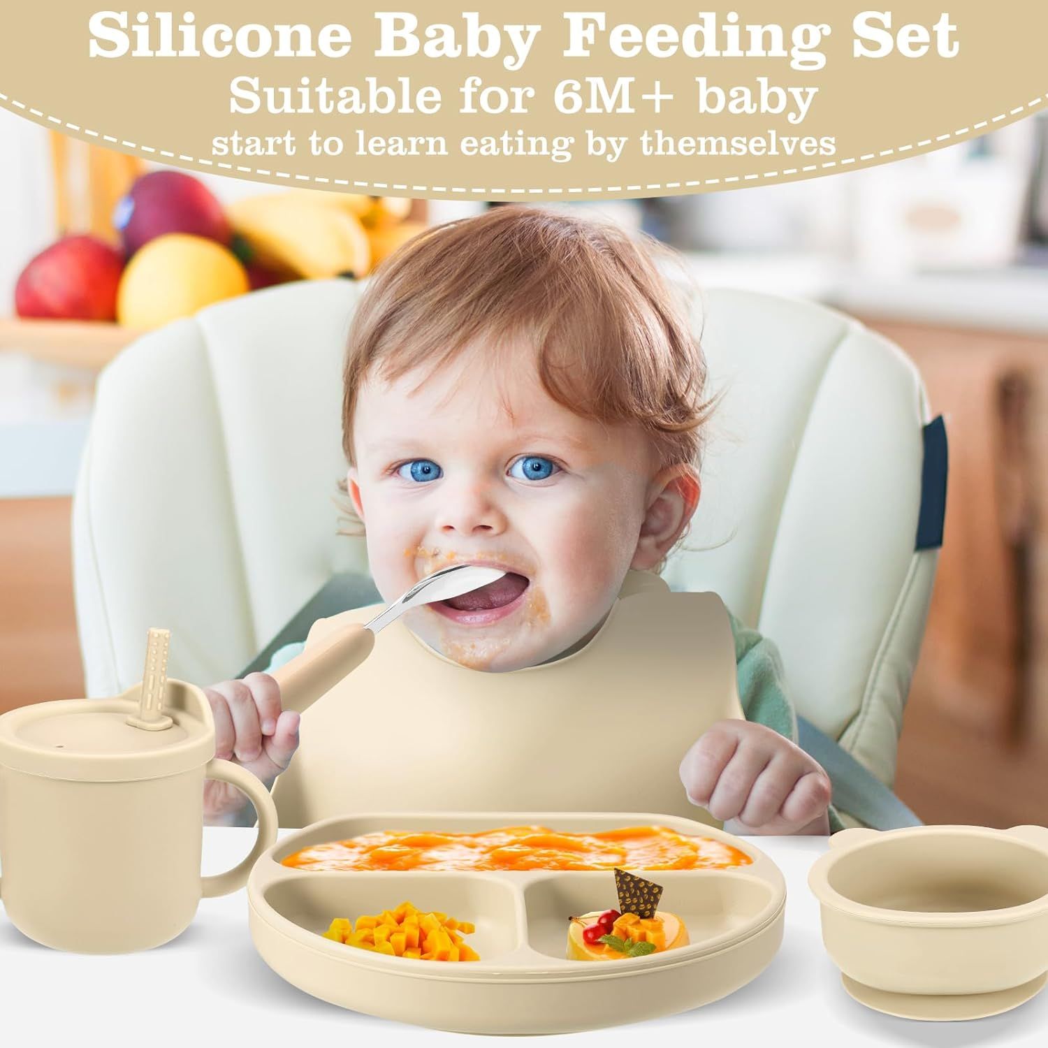 14 Pack Baby Feeding Set, Silicone Baby Led Weaning Feeding Supplies with  Suction Bowl Divided Plate Adjustable Bib Soft Spoon Fork Snack Cup with  Lid